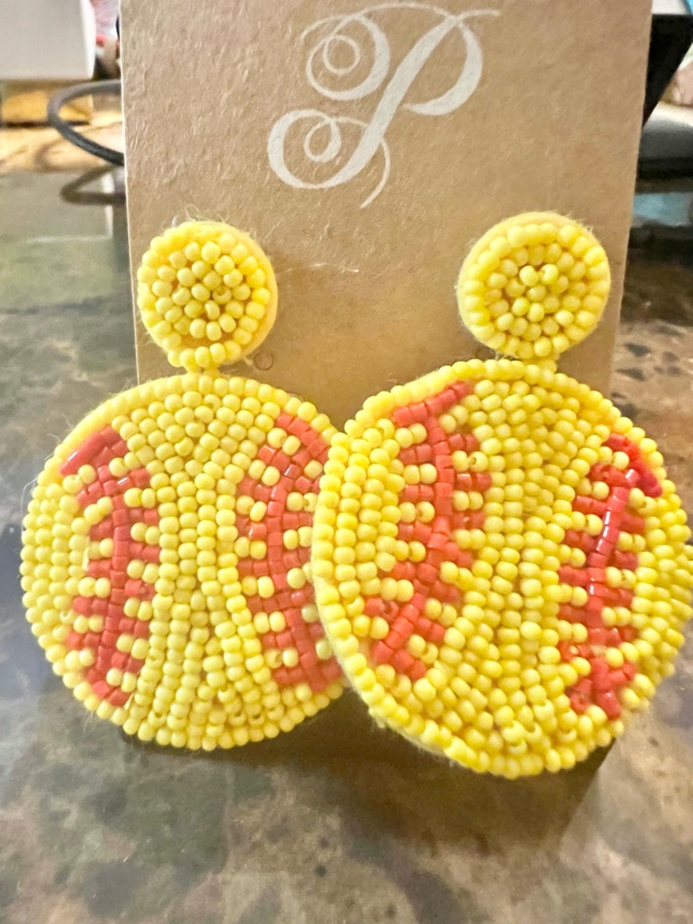 NWT ♥️ Yellow Baseball Beaded Statement Earrings with Coral Accents